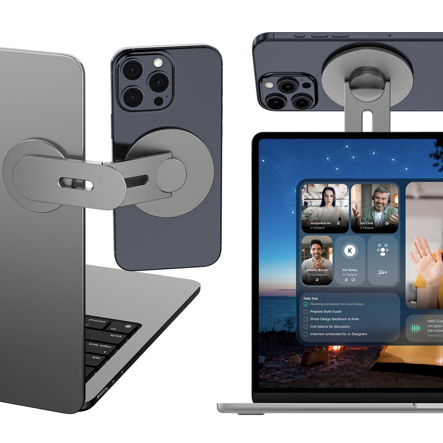 ALAFLY Magnetic Phone Holder for Laptop, 360° Adjustable MacBook Monitor Side Mount for iPhone 17 Pro Max/16/15/14/13/12 MagSafe for Tesla, Portable Foldable Cell Phone Holder Accessory, Gray