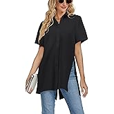 LYANER Women's Collar V Neck Split Hem Button Down Short Sleeve Long Shirt Blouse Tunic Top