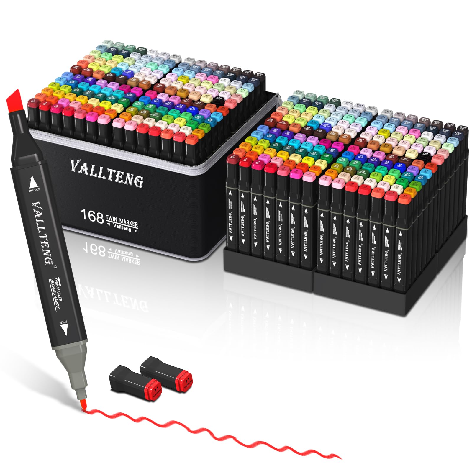 Vallteng Alcohol Markers Set 168 Colours,Permanent Art Markers Set,Dual Tips Colouring Pens for Adult Drawing Coloring Illustration Graphic Designing with Carrying Case and Base