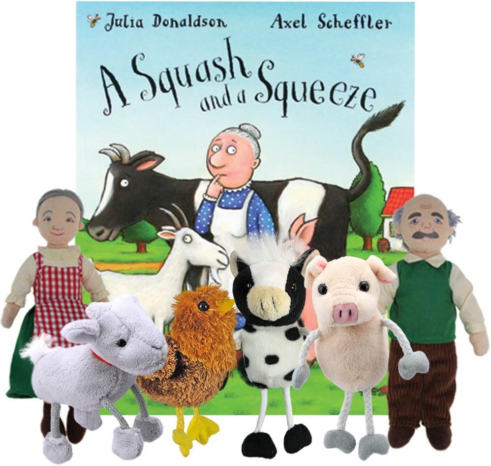 The Puppet Company A Squash and a Squeeze Paperback Book, Children's Storybook and Finger Puppet Set (Goat, Pig, Hen, Cow