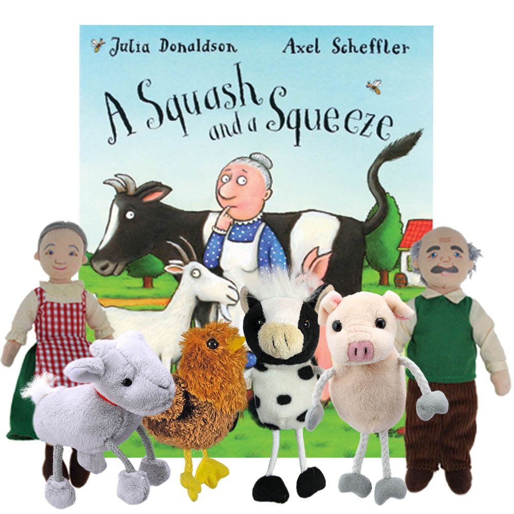 The Puppet Company A Squash and a Squeeze Paperback Book - Children's Storybook and Finger Puppet Set (Goat, Pig, Hen, Cow, Old Lady, Old Man & Red Velvet Zip-Top Storage Bag with Clear Window)