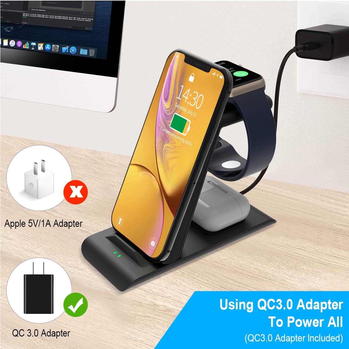 HATALKIN 3 in 1 Wireless Charging Station Compatible with Apple Products Multiple Devices Apple Watch SE 6 5 4 3 2 AirPods Pro/2 iPhone 12/11/Pro Max/X/XS/XR/8 Plus QI Fast Wireless Charger Stand Dock