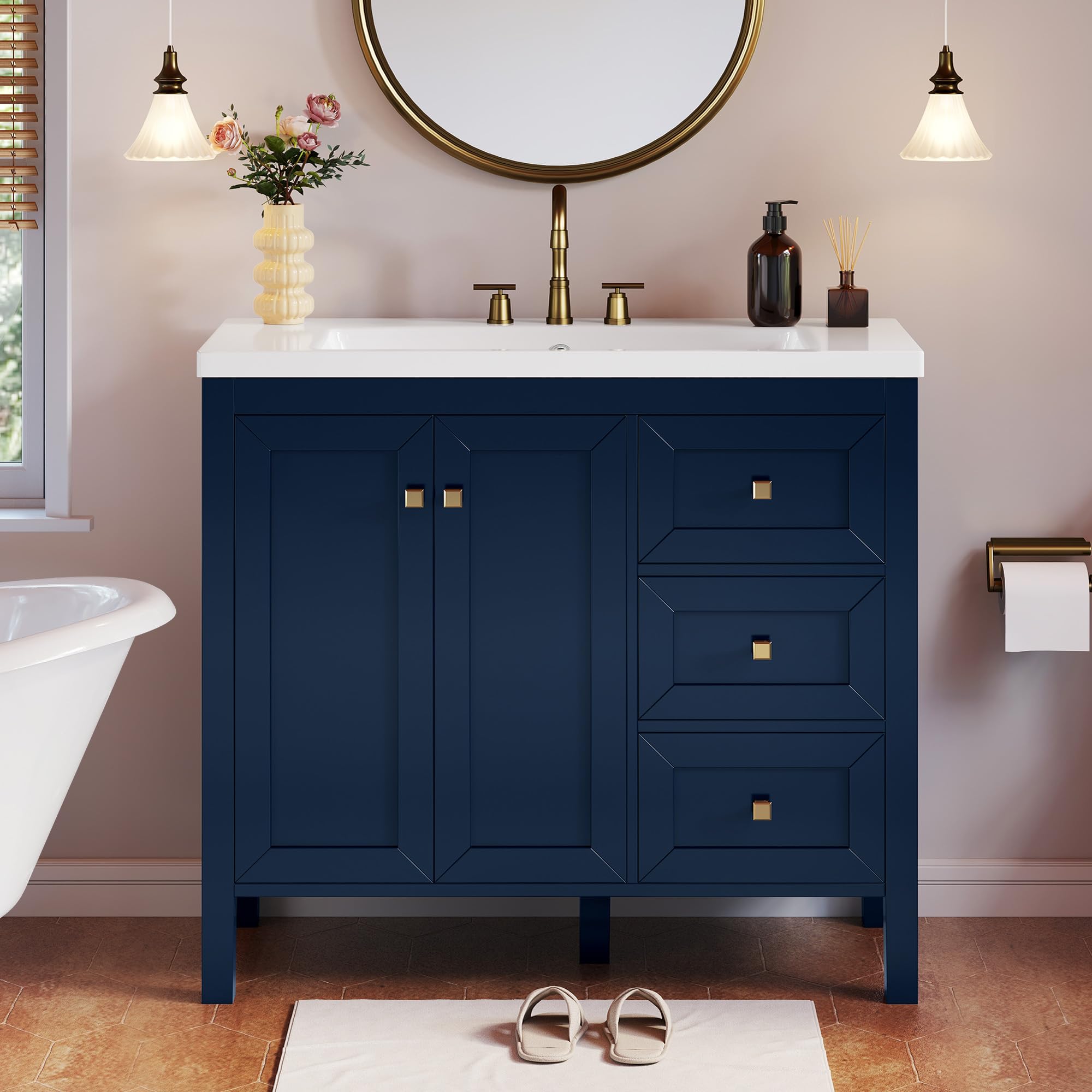 Photo 1 of ***2 boxes***YITAHOME 36" Bathroom Vanity with Sink Set, Vintage Bathroom Cabinet Vanity with Resin Basin, Extra Large Storage with 2 Soft-Closing Doors & 3 Drawers, Navy Blue