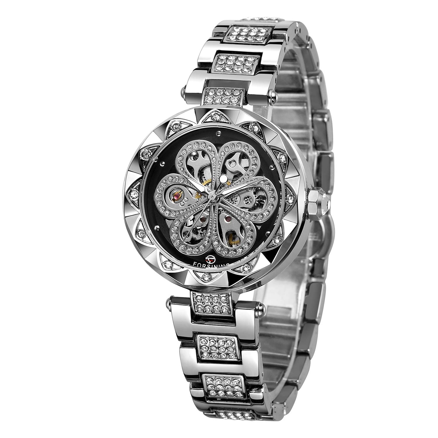 FORSINING Women's Stylish Analogue Dial Automatic Skeleton Watch with Stainless Steel Bracelet (Silver and Black)
