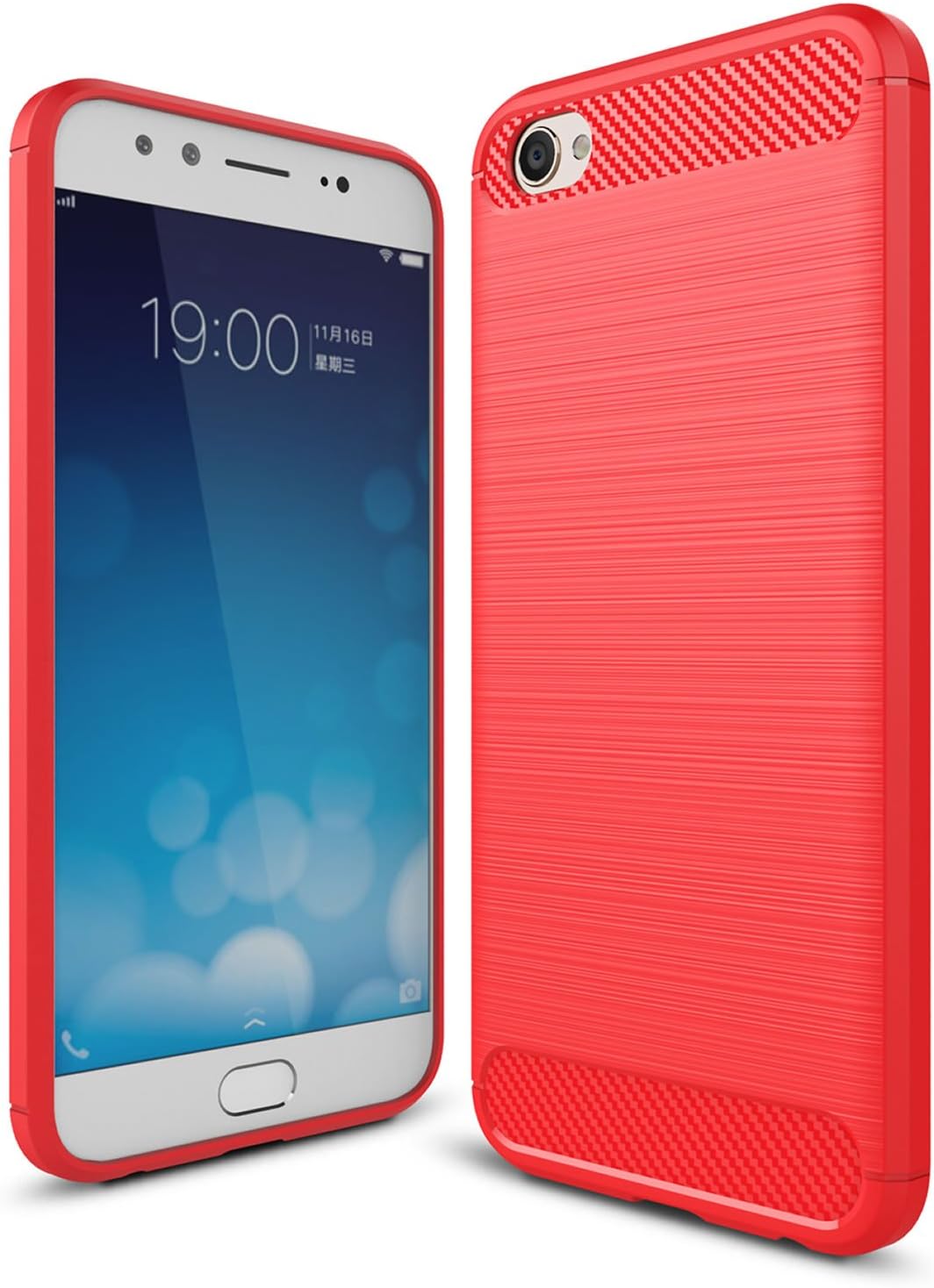 HualuBro Vivo V5 Plus Case, [Scratch Resistant] Carbon Fiber Slim Shock Absorbing TPU Thin Bumper Phone Protective Case Cover for Vivo V5 Plus - Red