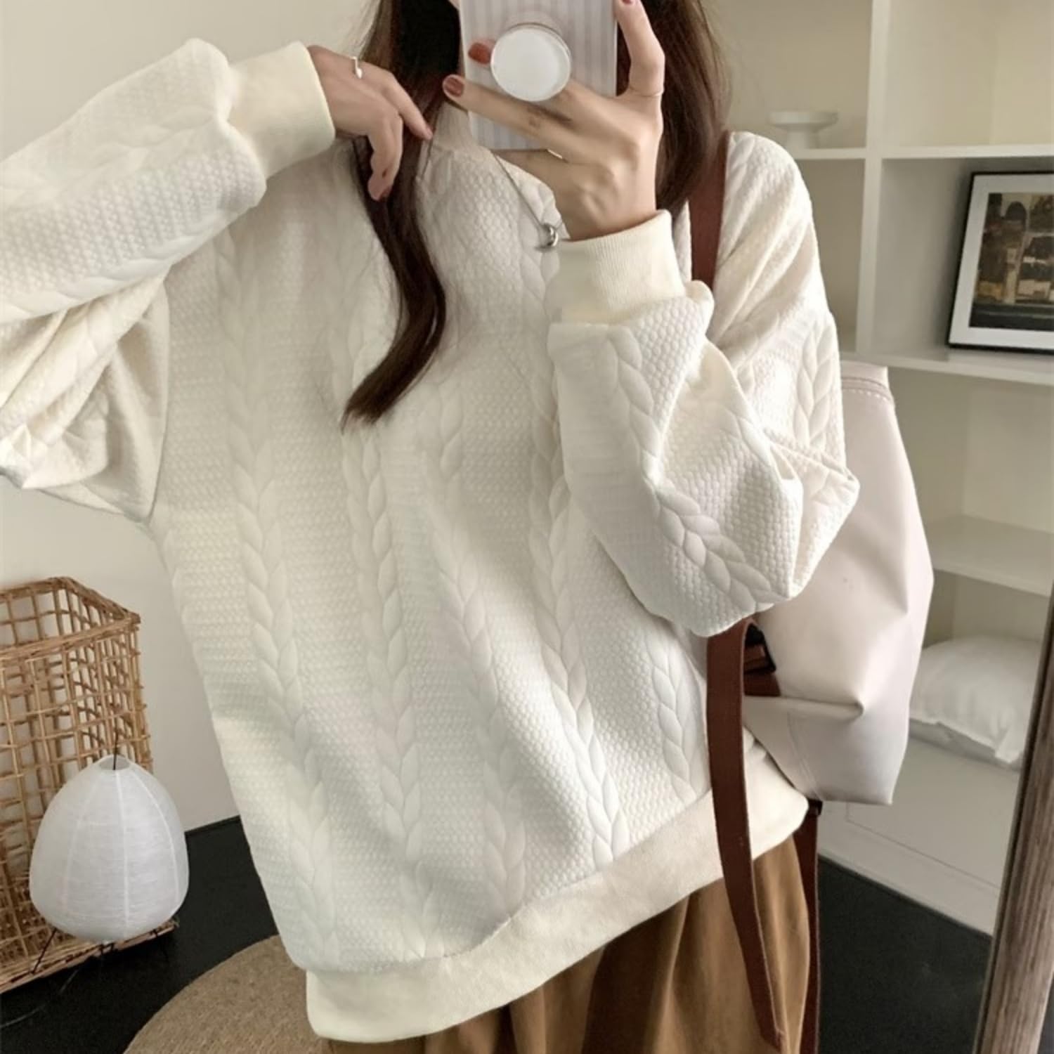 [safulsey] Women's Sweatshirt, Spring, Autumn, Winter, Oversize, Logo, Thin, Long Sleeve, Loose, Large Size, Stylish, Crew Neck, Long, Casual, Cute, Top, Hoodie, Korean Body Cover, Commuting to Work