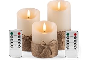 AKU TONPA Flameless Candles Battery Operated Pillar Real Wax Electric LED Candle Gift Set with Remote Control and Timer, 4" 5" 6" Pack of 3 (Ivory Wax with Hemp Rope)