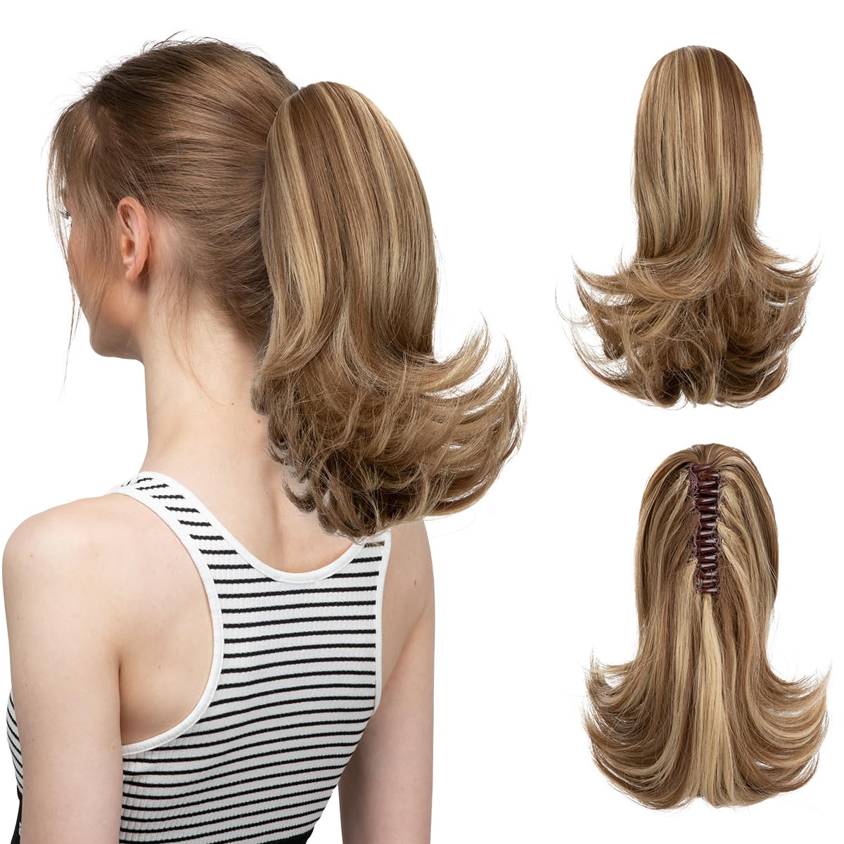 Photo 1 of CJL HAIR Short Claw Clip Ponytail Extension Drawstring Curly Fake Faux Jaw Balayage Hairpiece Hair Piece Wavy High Pony Tails Synthetic Heat Friendly Fiber for Women Girls Kids