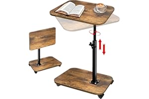 NutroLab 2-Tier TV Tray with Wheels, Adjustable Height & Angle, Wooden Side Table for Sofa – 360° Swivel C-Shaped End Table for Meals, Coffee, Snacks, Books & Tablets – Rustic Brown