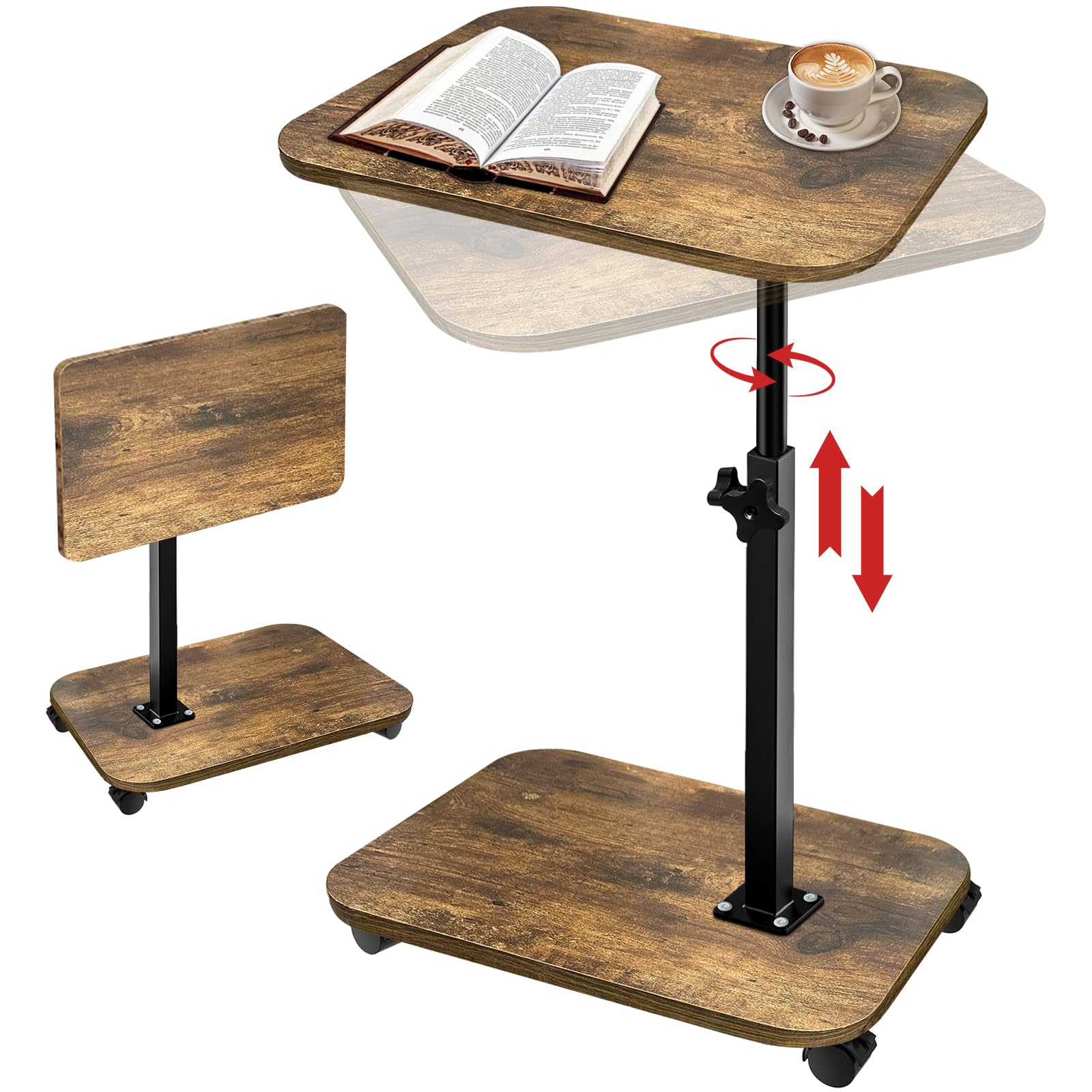 Photo 1 of NutroLab TV Tray with Wheels, 2-Tier Side Table for Couch – Adjustable Height & Angle, 360° Swivel C-Shaped End Table for Snacks, Meals, Coffee, Books, Tablets – Rustic Brown