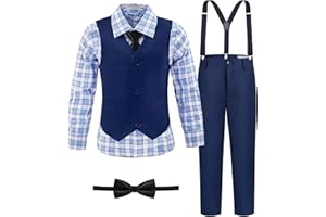 LOPEN STU Boys' Suit Kids Formal Tuxedo Suits for Boys Wedding Outfits Dress Vest Pants Suspenders Set Adjustable Waist