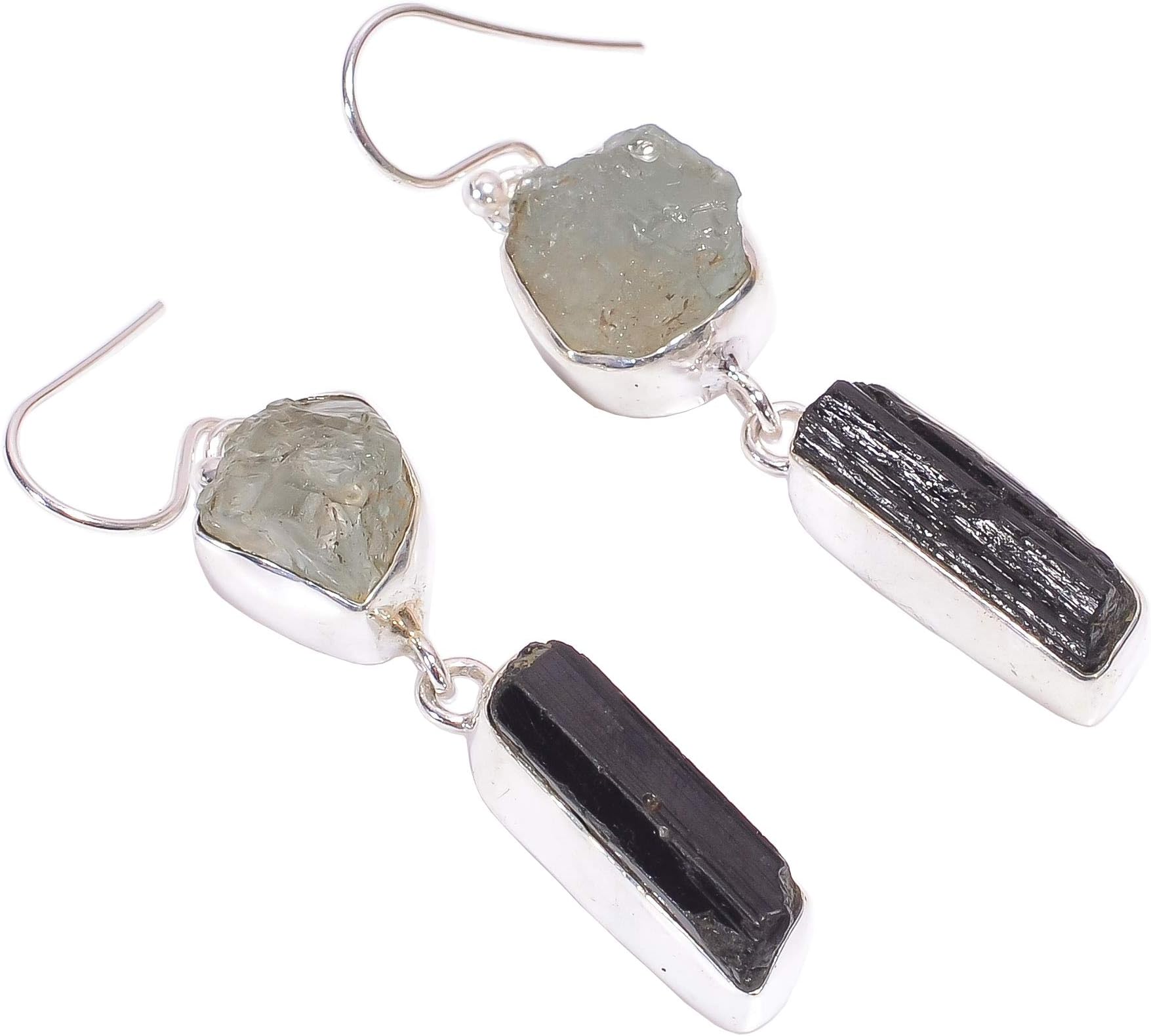 925 Sterling Silver Drop Earrings, Natural Raw Aquamarine, Black Tourmaline Women Jewelry RSE1782