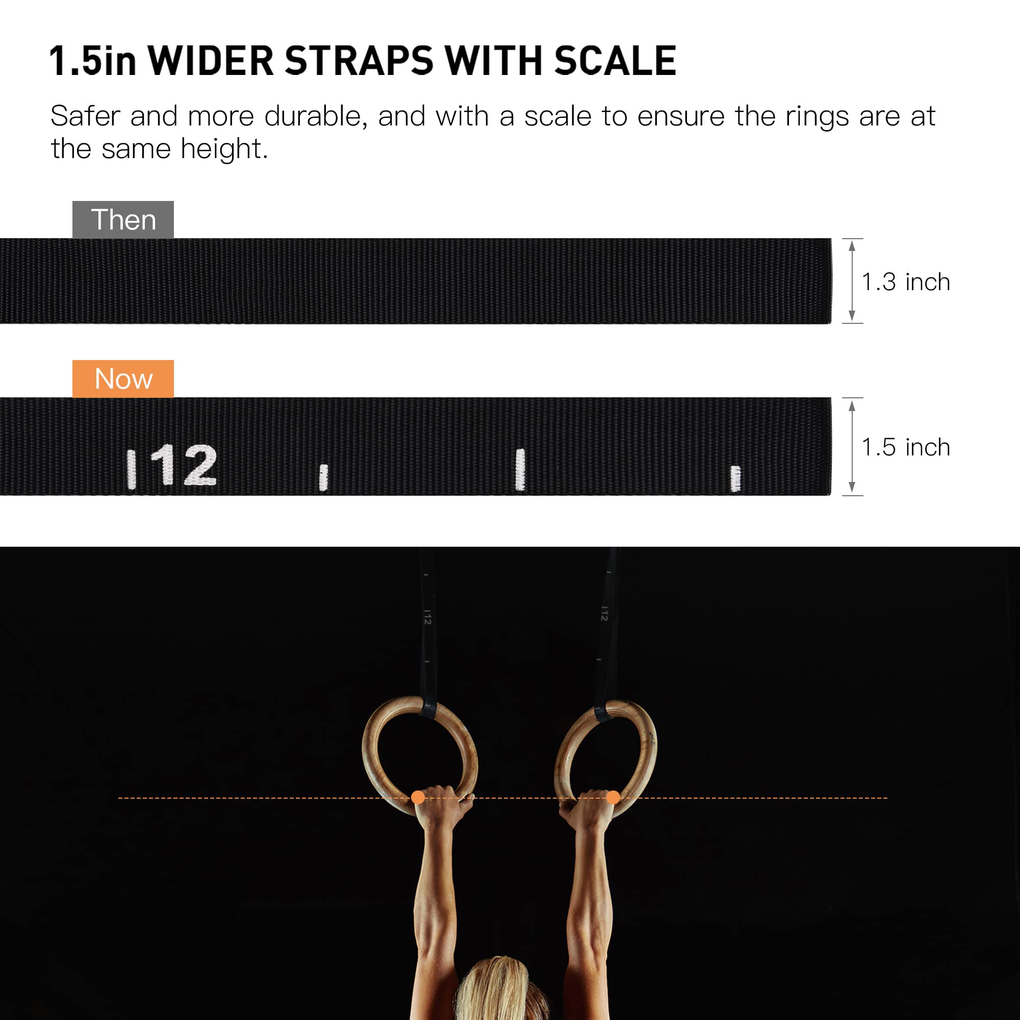 PACEARTH Gymnastics Rings Wooden Olympic Rings 1500/1000lbs with Adjustable Cam Buckle 14.76ft/9ft Long Straps with Scale Non-Slip Gym Rings for Home Gym Full Body Workout