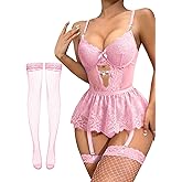 Lilosy Sexy Lingerie Set 3 Piece Women Corset Bodysuit Skirt | Rhinestone Heart Stocking Garter Plus Size Underwire Mesh Sheer Lace Push Up Babydoll Halloween Christmas Valentine's Bridal