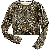 COZYEASE Women's Camo Print Long Sleeve T Shirt Crew Neck Slim Fit Vintage Crop Tops