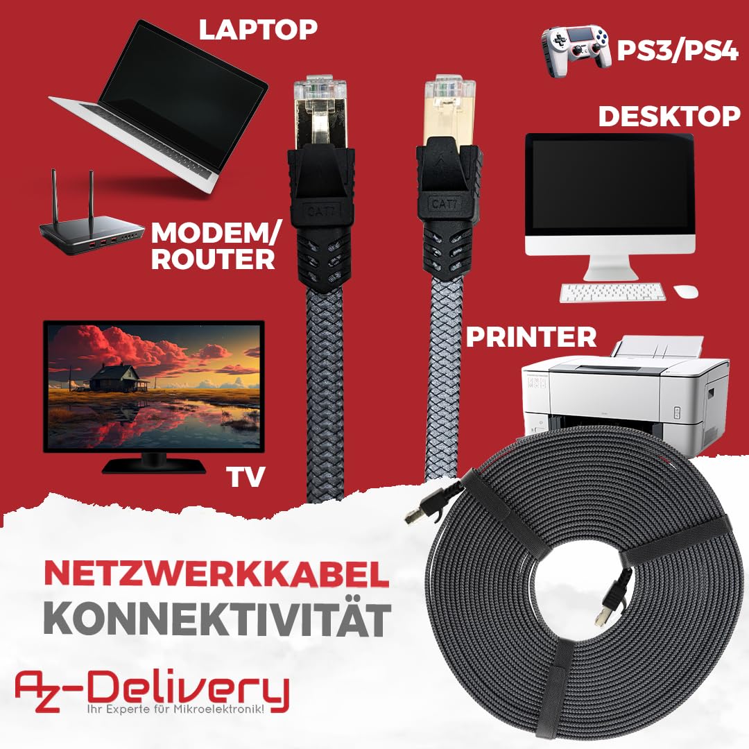 AZDelivery 3 x 10m CAT7 Netzwerkkabel - Grau/Silber, Gigabit Ethernet LAN Kabel - 10000 Mbit/s - Highspeed Patchkabel Cat.7 Rohkabel S/FTP PIMF Schirmung mit vergoldetem RJ45 Stecker für Router 2