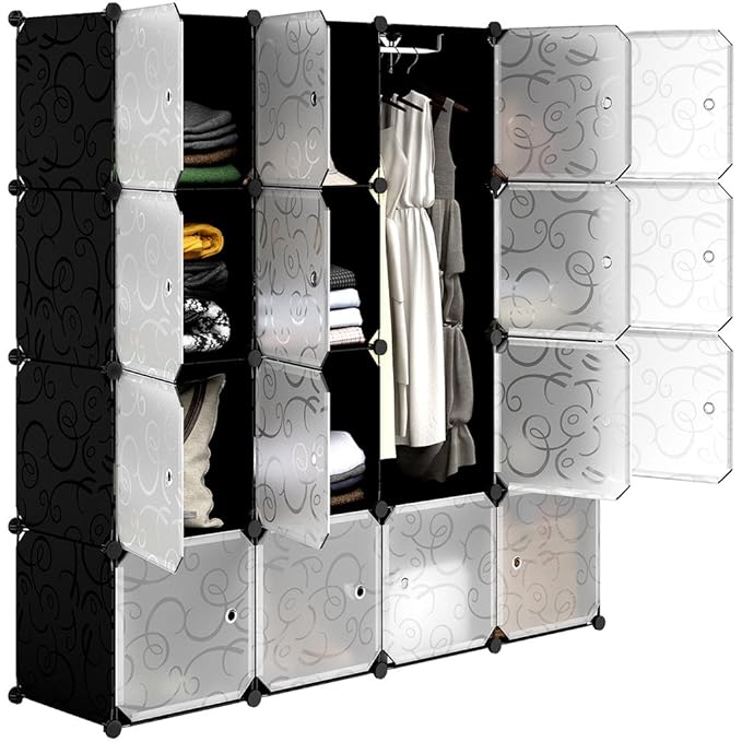LANGRIA Armario estantería de 16 cubos DIY Portátil, 1Barra para Colgar Ropa, Organizador Clasificador con puertas para la Ropa, Zapatos, Accesorios, Paneles con Motivo Decorativo Rizado