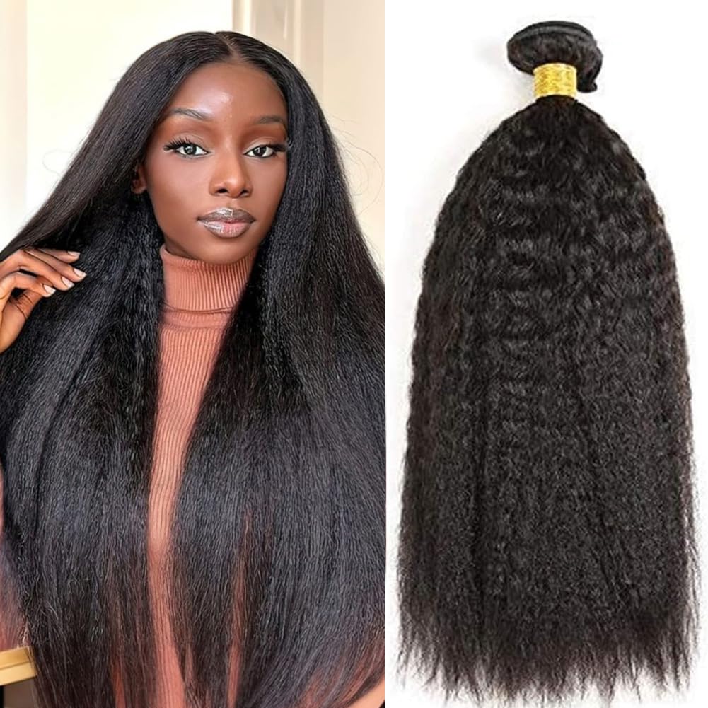 UNILO Human Hair Bundles 12A, Yaki Straight Bundles Human Hair Brazilian Kinky Straight Bundle 20 Inch Total 100G Double Weft Sewing No Shedding