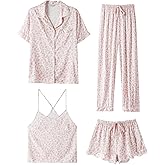 SAPJON Silk Pajamas for Women Set 4Pcs Ruffled Satin Pajamas Set Button Down Short Sleeve Cami Shorts Sleepwear Pj Set