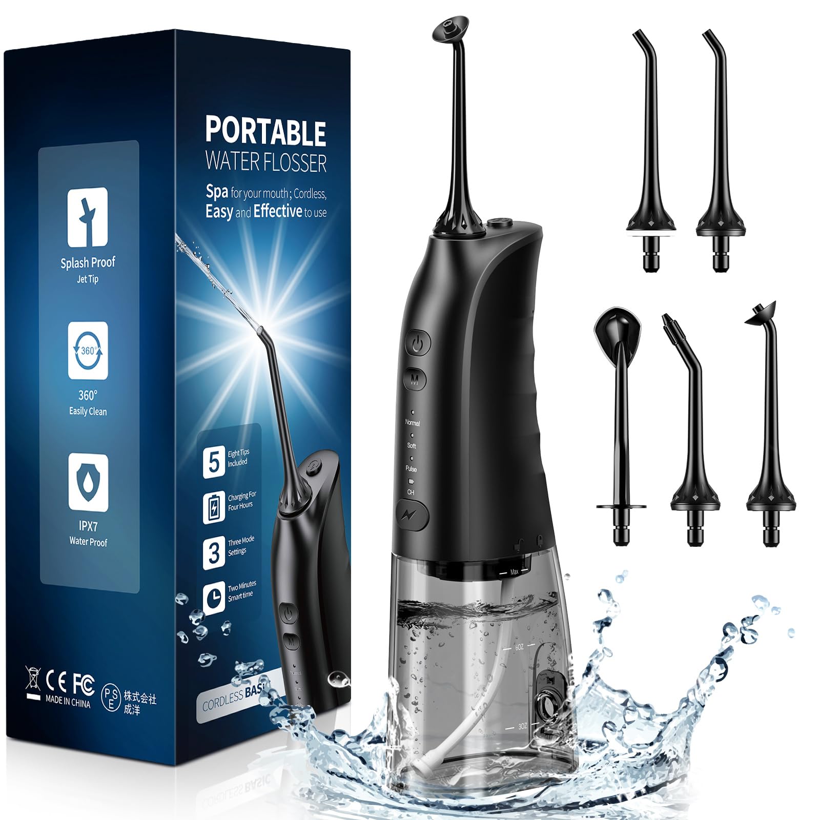 Photo 1 of Demita Cordless Water Flosser for Teeth, 300ML 3 Modes 5 Jet Tips Portable Electric Flosser Pick for Adults, IPX7 Waterproof Oral Irrigator Cleaning Kit for, Gums, Braces Care(Black)