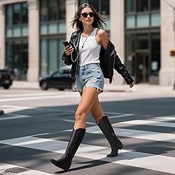 Pasuot Knee-High Wide Calf Cowgirl Boots - Black