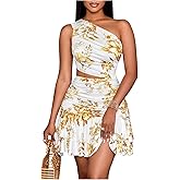 SOLY HUX Women's Floral Ruffle Mini Dress One Shoulder Sleeveless Cut Out Ruched Layered Cocktail Party Dresses