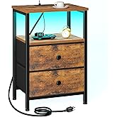 LOAKEKEL Nightstand with Charging Station, End Table with 2 Fabric Drawers, LED Night Stand for Bedroom, Small Bed Side Table