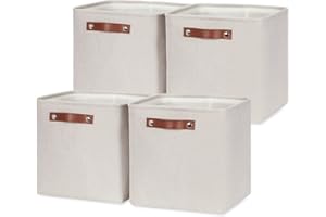 HNZIGE Cube Storage Baskets,Linen Storage Baskets for Shelves(4 Pack) Fabric Storage Basket for Toys,Baskets for Storage,Foldable storage cubes 11x11x11 for Books,Towels,Closet with Handles(Cream)