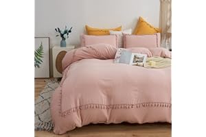 SOUKECHY Boho Chic Bedding,Queen Tufted Tassel Fringe Farmhouse Duvet Cover,Solid Color,100% Washed Microfiber,Lightweight for All Season(Pink,Queen)