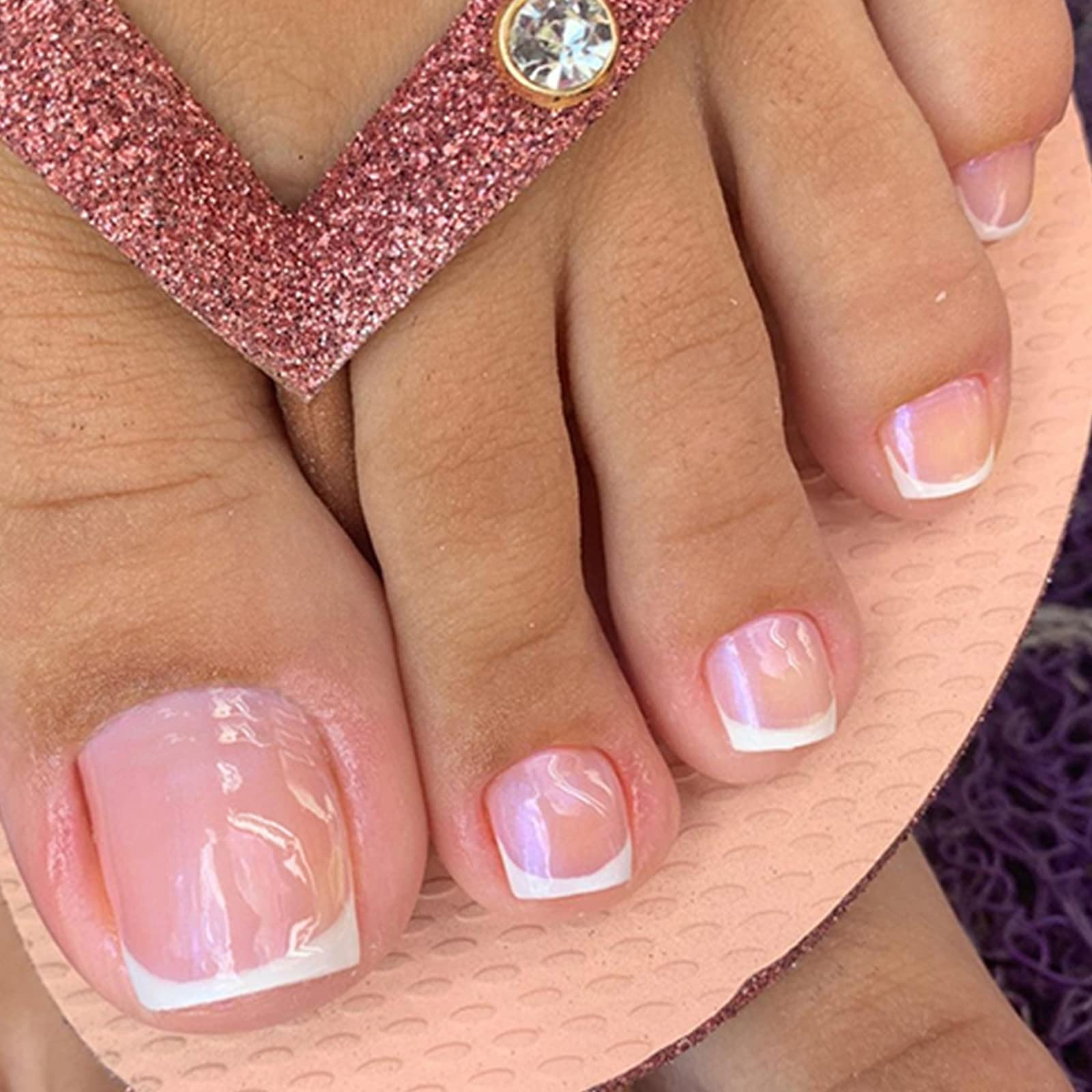 24Pcs French Square False Toenails Glossy Pink & White Press on Toenails Stick on Toenails Short Acrylic Full Cover Artificial Summer Fake Toenails for Women and Girls Daily Decorations — image 1