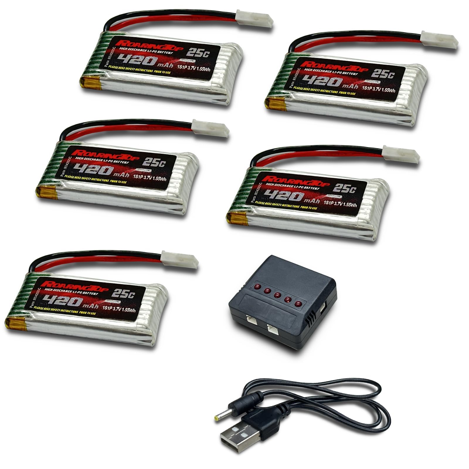RoaringTop 3.7V 420mAh Lipo Battery 25C with MOLEX Plug with 5in1 Charger for RC Quadcopter Helicopter Drone Quadcopter FPV Model Racing AT-96 H99W H31 H6C H98 TR-C385 TR-P51 TR-F22