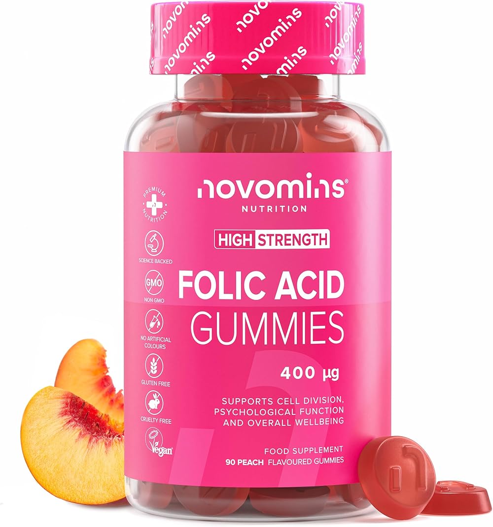 novomins Folic Acid Gummies 400 mcg 3 Month Supply Prenatal Peach
