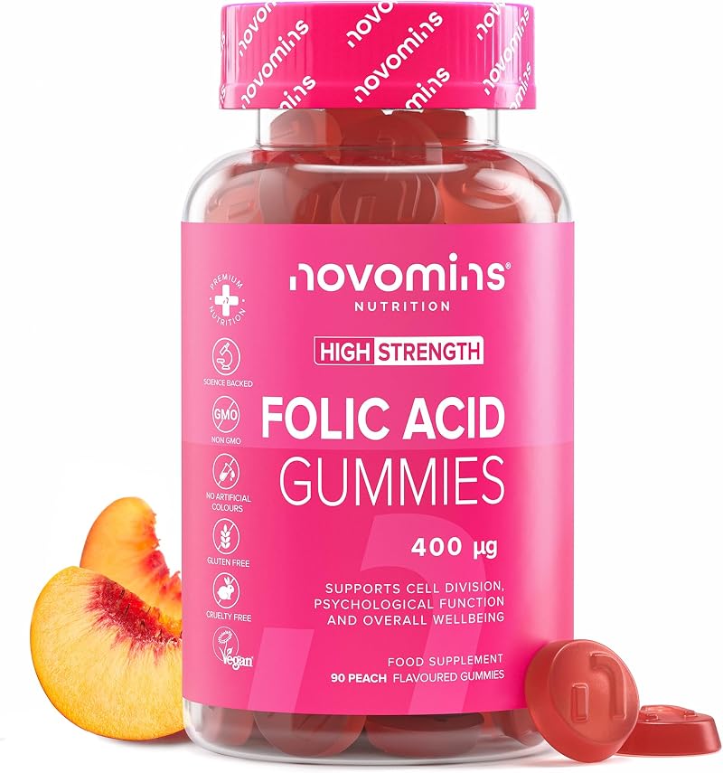 novomins Folic Acid Gummies 400 mcg 3 Month Supply Prenatal Peach