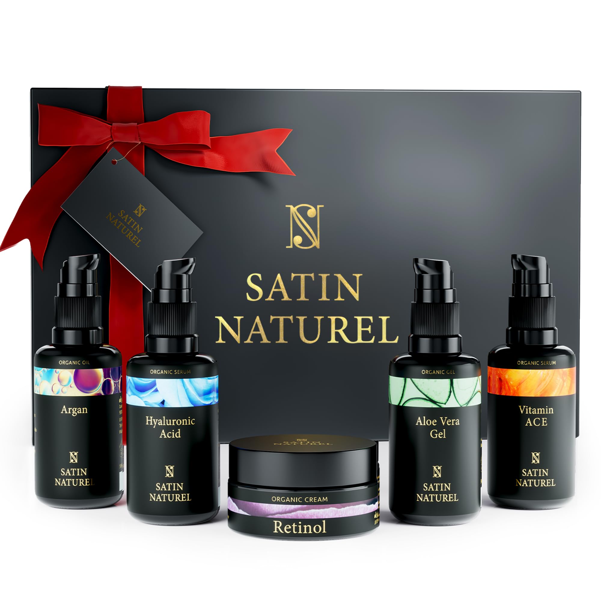 Satin Naturel Luxury Gift Set for Women – 5x30ml Skincare Bundle with Hyaluronic Acid Serum, Vitamin C Serum, Aloe Vera Gel, Argan Oil & Moisturiser – Skincare Set for Her in Premium Gift Box