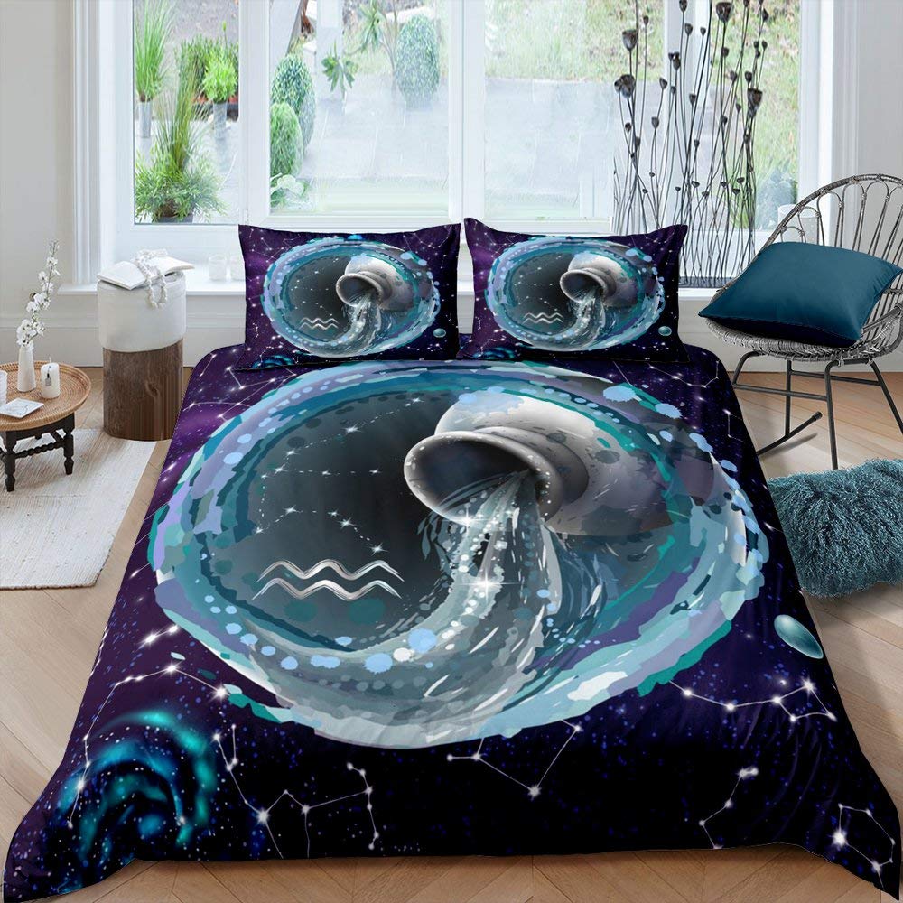 Homewish Twelve Constellations Bedding Set Double Aquarius Duvet Cover Set Purple Galaxy Comforter Cover For Kids Starry Sky Tie Dye Outer Space Watercolor Quilt Cover 3Pcs Child Room Decor