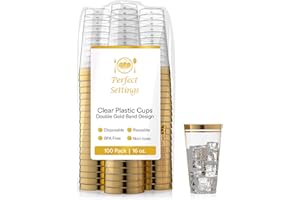 PERFECT SETTINGS TABLEWARE AND PARTY DECORATIONS Perfect Settings Gold Rimmed Disposable Plastic Cups, Clear Hard Plastic Drinking Glasses for Cold Beverages & Cocktails, BPA-FREE, Disposable Wedding Cups, 16 oz. (Pack of 100)