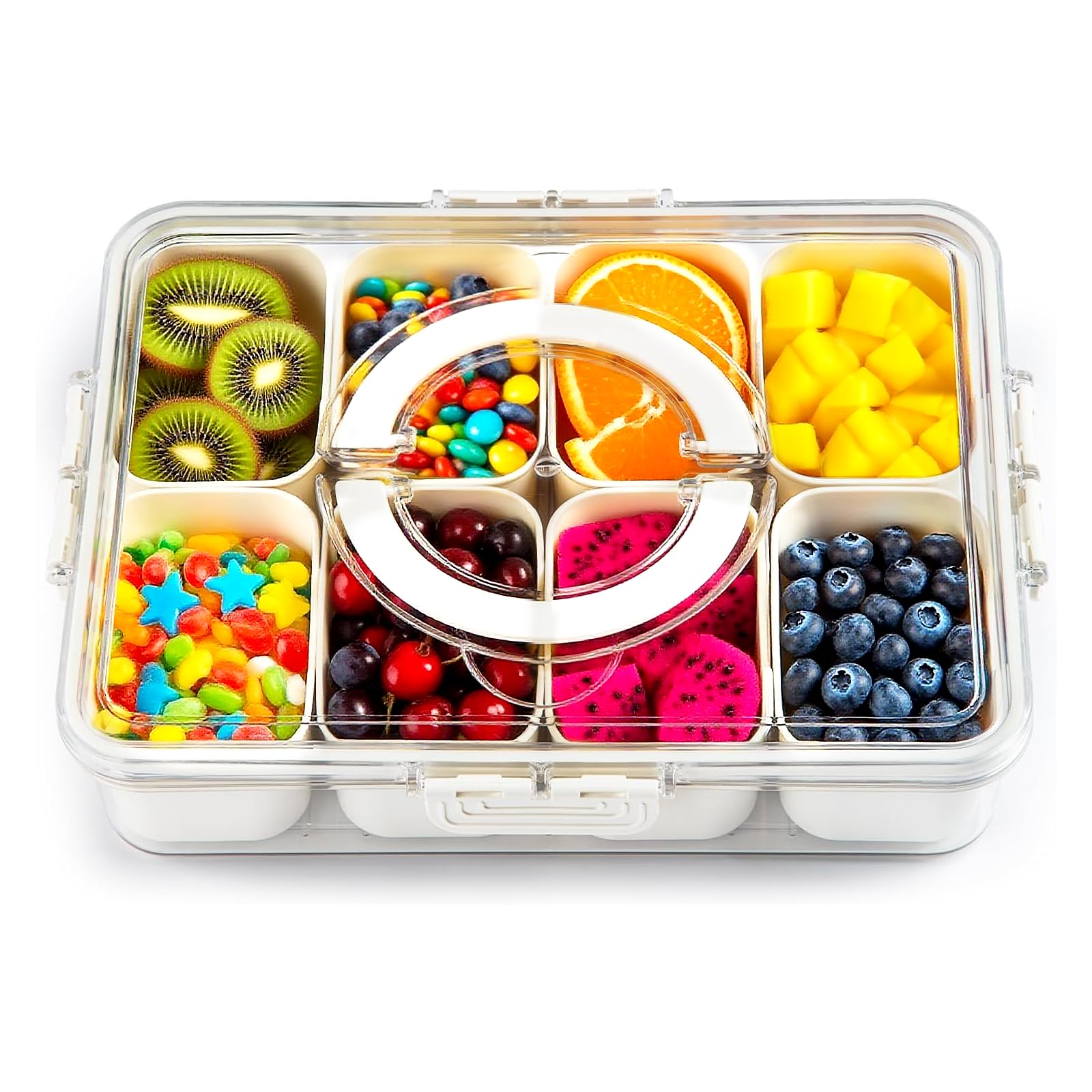 JNYLYFC Snackbox mit 8 Fächern, Snackschale mit Deckel und Griff, Snackteller mit Herausnehmbare Fächer für Süßigkeiten Obst Keksen Dessert Gemüse Nüsse, Snacktablett Organizer für Party Picknick Trip