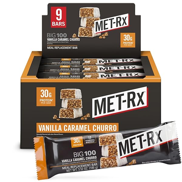 MET-RX BIG 100 COLOSSAL PROTEIN BARS, VANILLA CARAMEL CHURRO MEAL REPLACEMENT BARS, BROWN, 9 COUNT