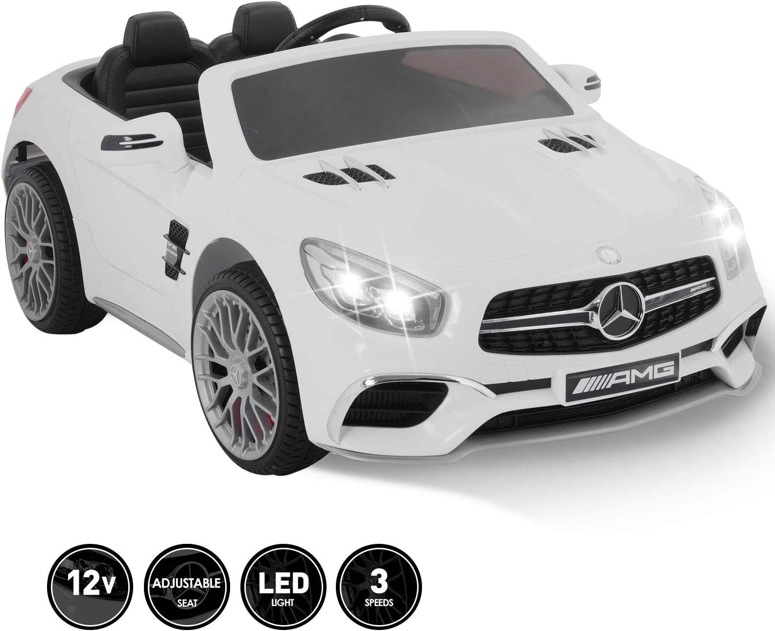 Fitnessclub 12V Kids Ride On Car Toy Licensed Mercedes-Benz AMG Roadster SL65 Electric Car Remote Control Spring Suspension LED Lights Safety Lock Detachable Battery 3 Speeds USB (White)
