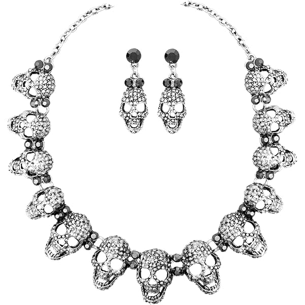 Set Gioielli Teschio Gotico EVER FAITH: Collana E Orecchini In Argento 925 Con Cristallo Nero, Regalo Halloween
