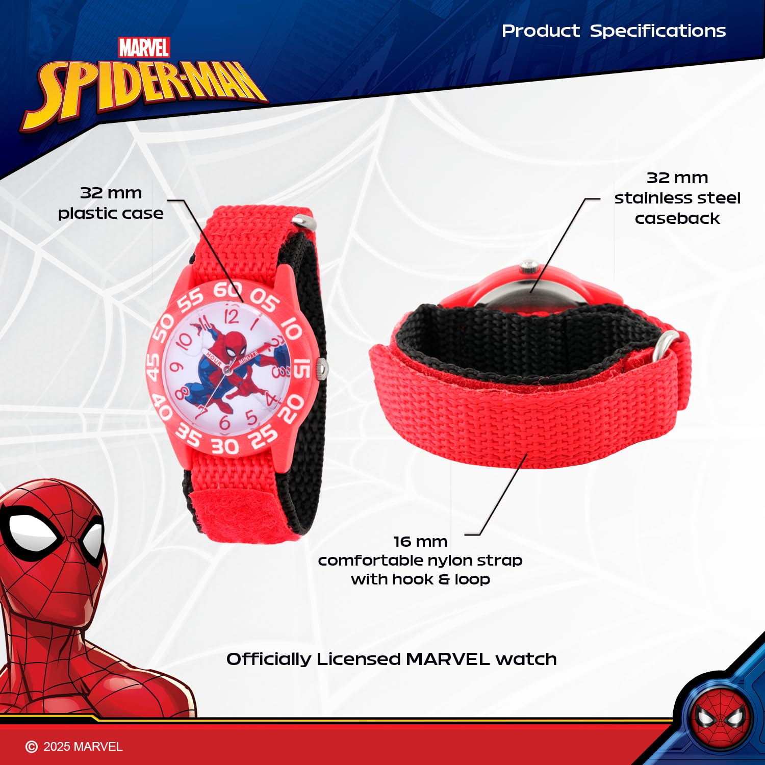 Marvel Spiderman Watch for Kids - Spiderman Watch Boys - Spider-Man Watches for Boys 4-6 - Kids Toys - - Marvel Toddler - Teen - White Bezel - Blue Nylon Strap