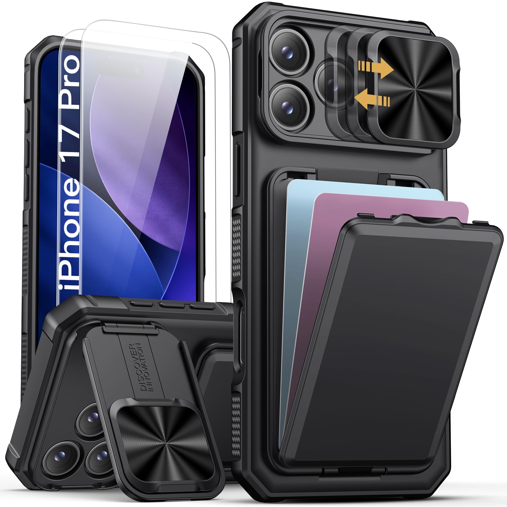 Photo 1 of SSLOTSCASE for iPhone 17 Pro Case with 2X Screen Protector, Credit Card Holder & Kickstand & Slide Camera Lens Cover, Silicone Edge Rugged Heavy Duty Phone Case Cover for iPhone 17 Pro 6.3'', Black