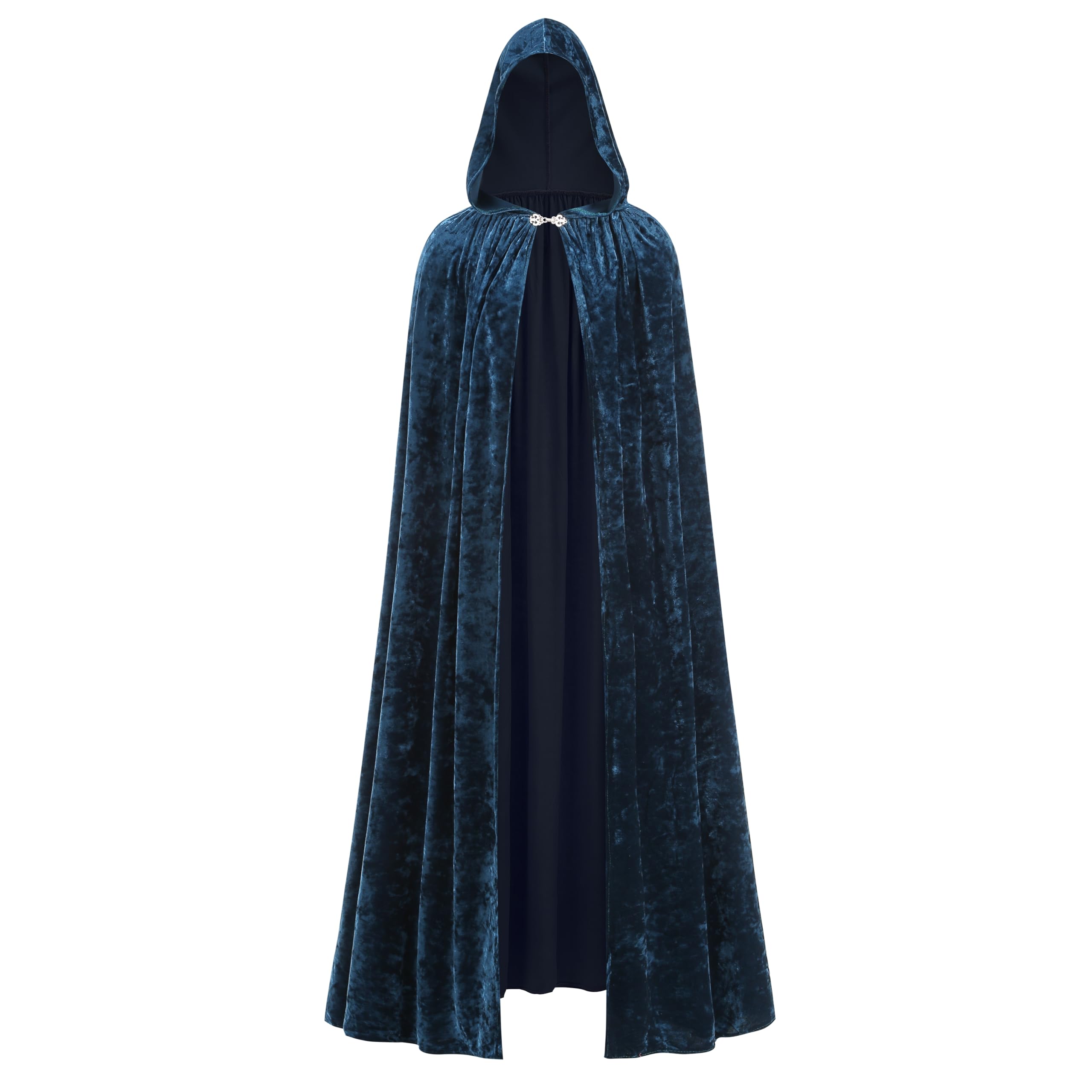 HAPNBCELE Medieval Velvet Hooded Cloak for Womens Mens, Adults Renaissance Costume Cape Halloween Christmas Masquerade Party (Purple-Blue, 55.11Inch/140cm)