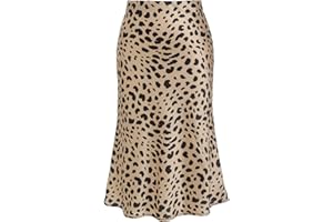 Cnlinkco Leopard Skirts for Women Midi Long Length High Waist Cheetah Skirts Satin Silk Elastic Skirts
