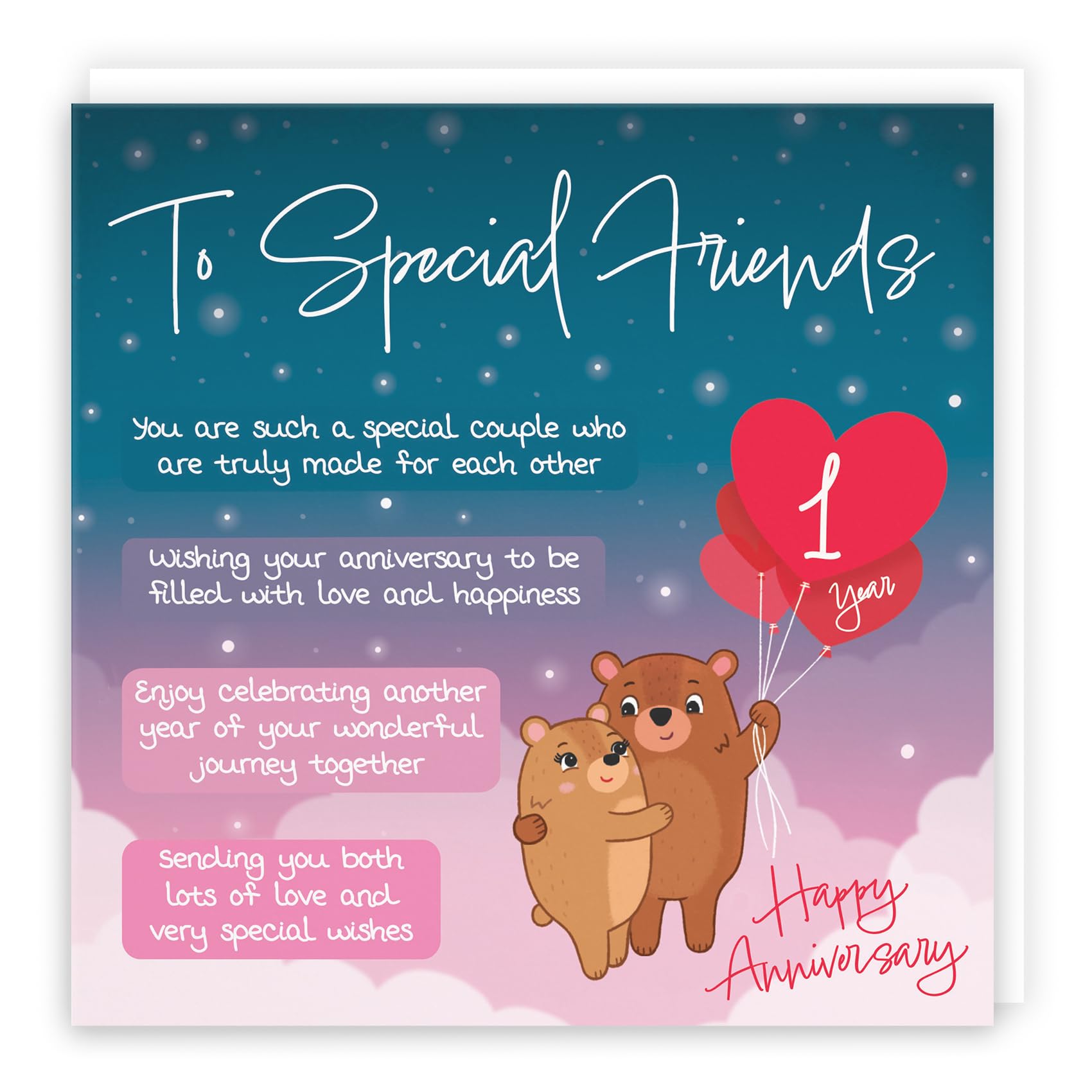 Hunts England - Special Friends 1st Anniversary Card - Starry Night - Cute Bears - Verse 1st Anniversary Card For Special Friends - Cute Poem Anniversary Card
