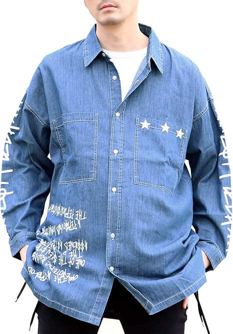 Amazon アークティックプラント Arctic Plant メンズ 綿100 ビッグシルエット ロゴ プリント 長袖 デニム ロング シャツ ブルー Free シャツ 通販