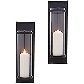 Danya B Metal Pillar Candle Sconces with Glass Inserts - A Wrought Iron Rectangle Wall Accent (Set of 2), Black