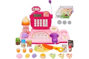 JOMIFIN Cash Registers for Kids, Small Pretend Play Calculator Toy with, Realistic Sound Talking Effect, Develops Early Math Skills (Pink)
