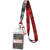 Marvel Lanyard ID Badge Holder, 2" Rubber Charm Pendant with Raised Script and 2 Sided Vintage Comic Strip Pattern