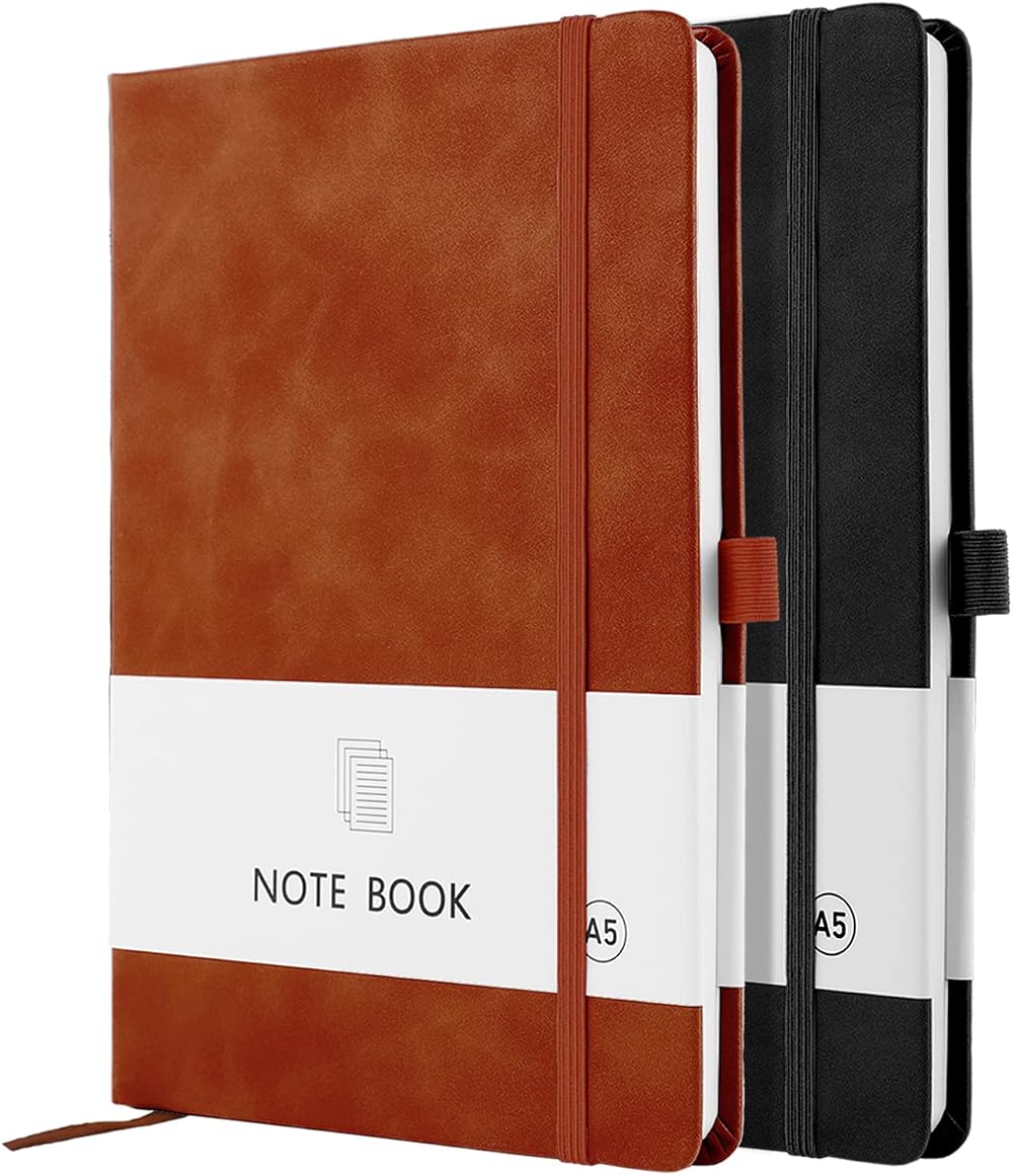 Lefute A5 Notebook 2 Pack 200 Pages 100 GSM Hardcover Journal Black Brown